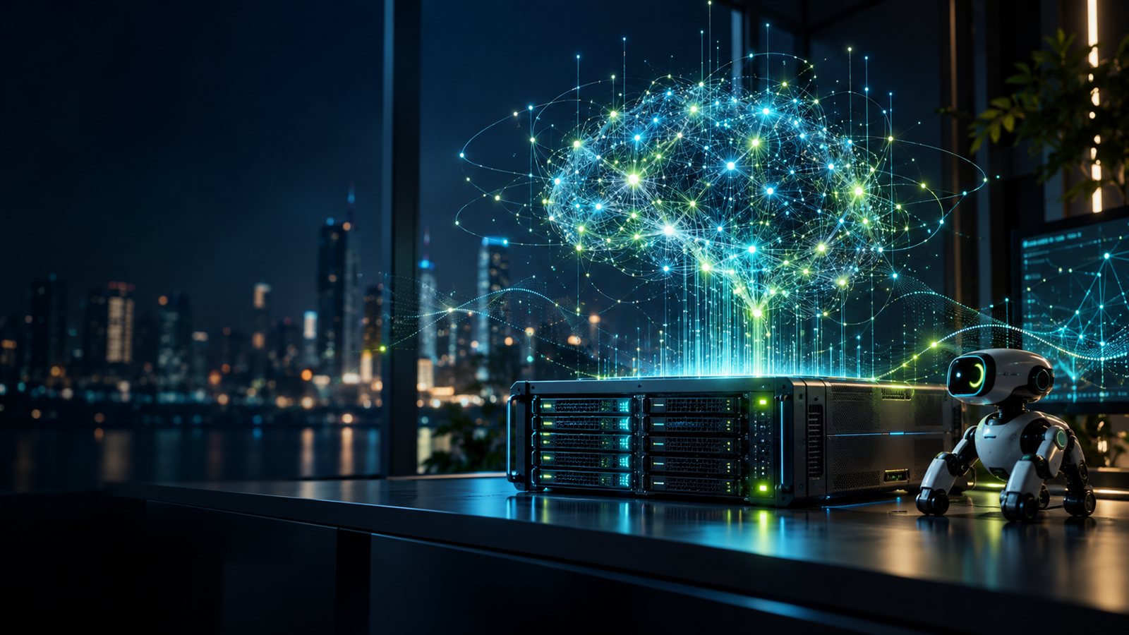 AI model training network above a compute server with a compact robotic assistant