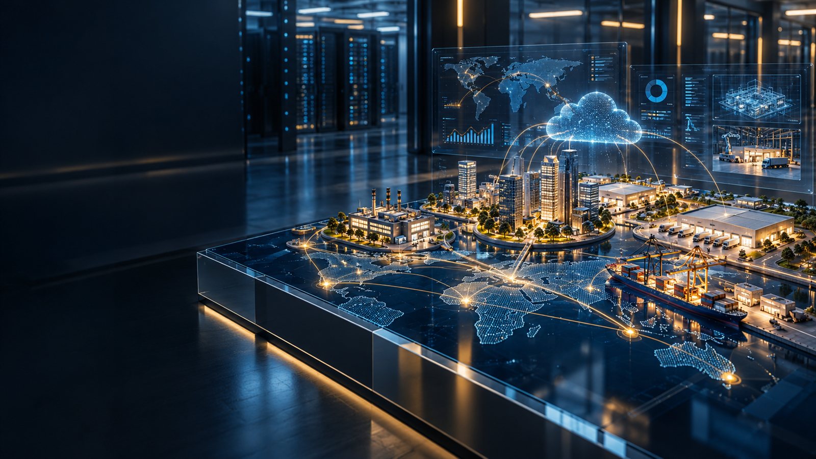 Connected enterprise, logistics and cloud infrastructure visualized over a glass platform