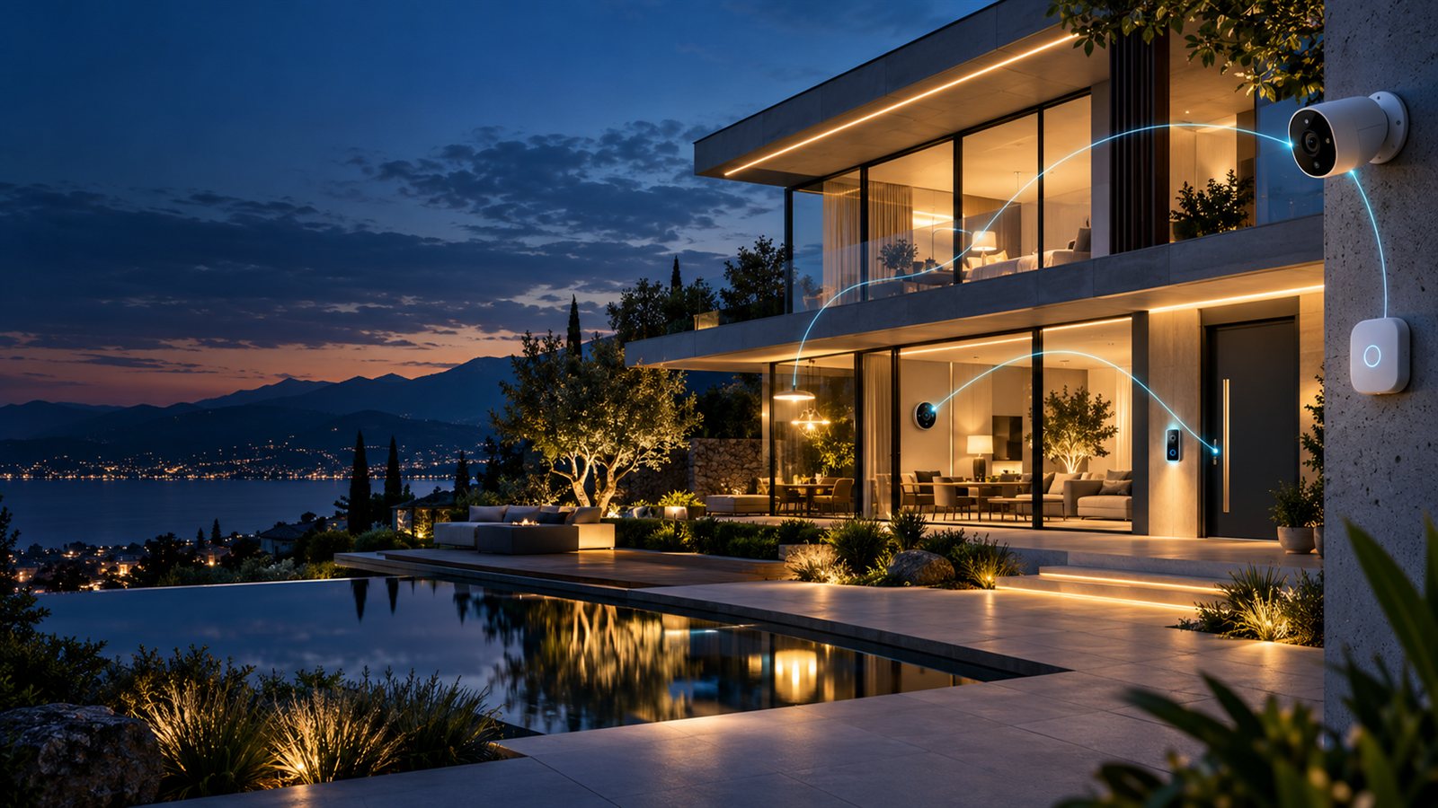 Modern connected home at twilight with warm lighting and smart security sensors