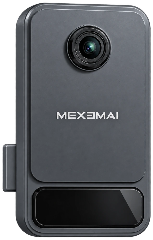 Graphite-grey Mexemai AI Camera with matching monochrome branding